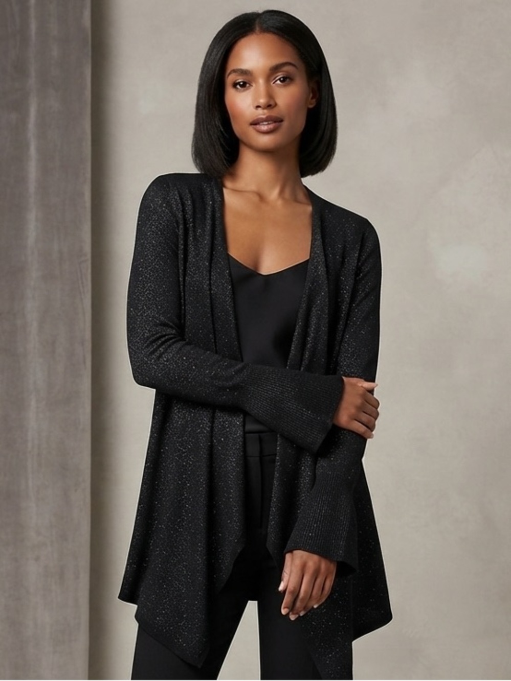 White House Black Market Black Sparkle Open-Front Draped Cardigan